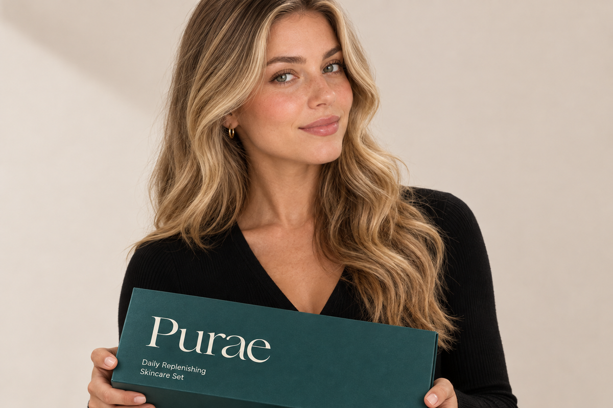 Female model holding Purae branded box